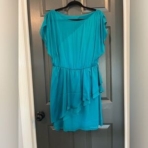 Alice + Olivia Mini Dress Size Large Teal Silk Cap Sleeve Ruffled Chiffon Satin